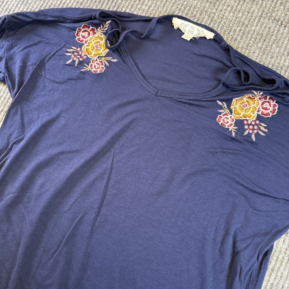Pink Rose Womens M Navy Blue V Neck‎ Long Sleeve Floral Embroidered Top